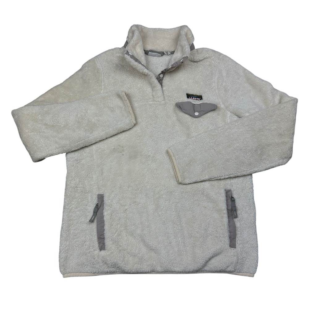 LL Bean Womens Hi-Pile Fleece Pullover Cream Snap Neck Sherpa Jacket Medium